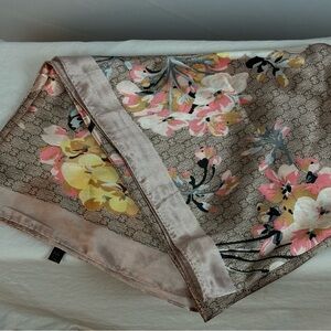 MOSI vintage satin scarf in Champagne pink with “C” and cherry blossom designs